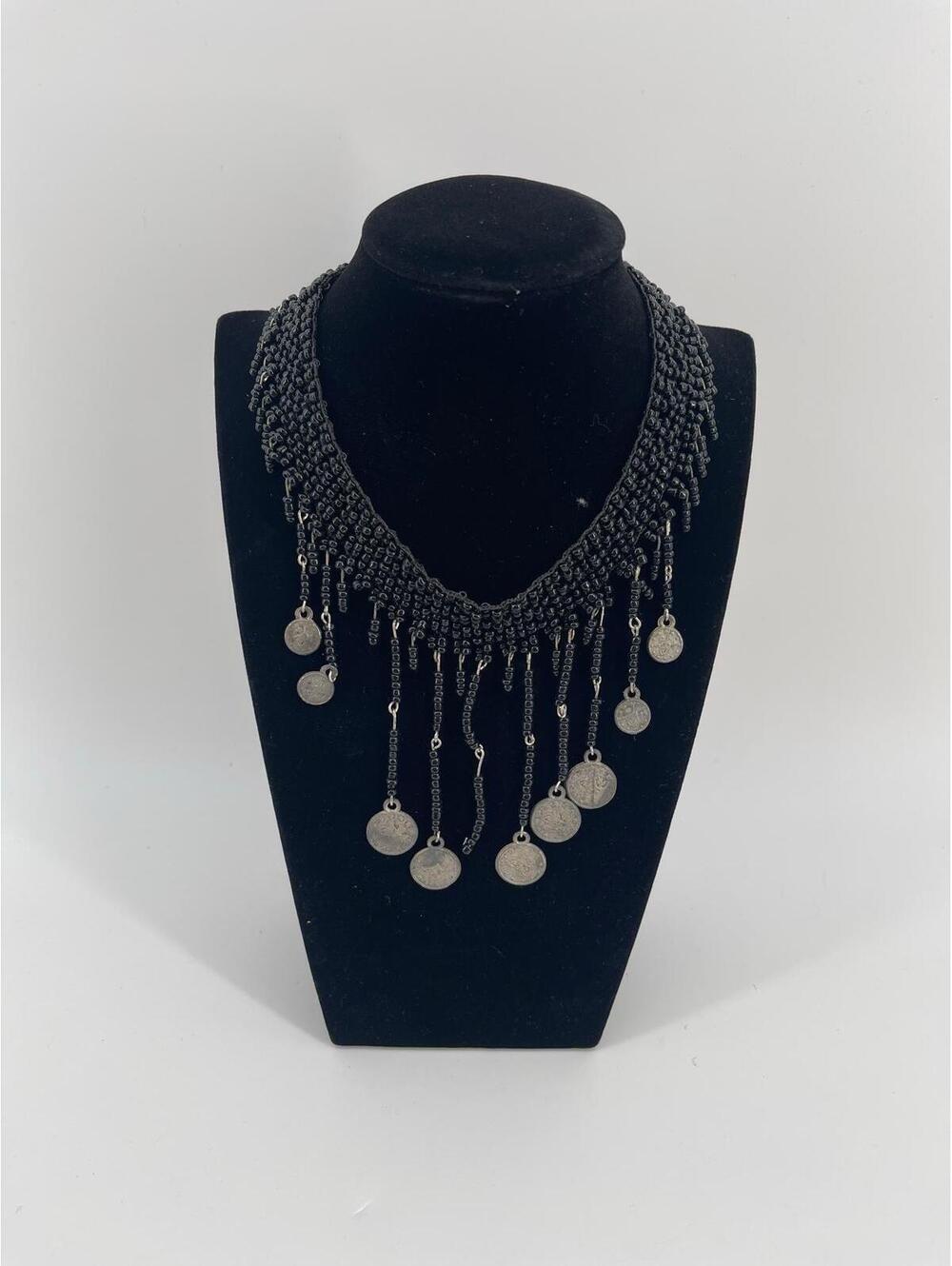 Vintage‎ Boho Coin Necklace Black Beaded Fringe Tribal Gypsy Statement Bib